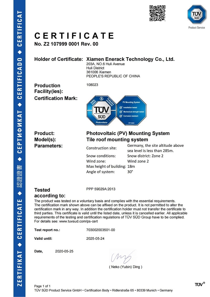 Certificat de montaj solar Enerack TUV