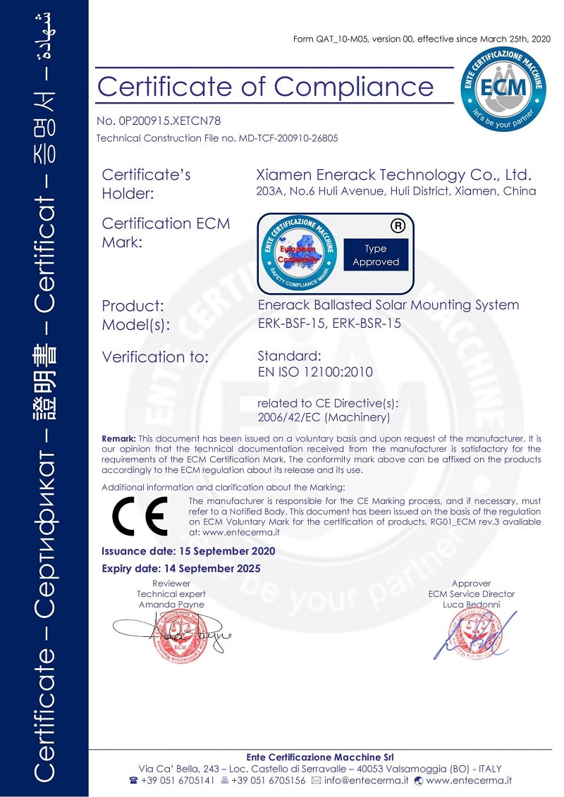 Sistem de montaj solar balastat Enerack Certificat CE
